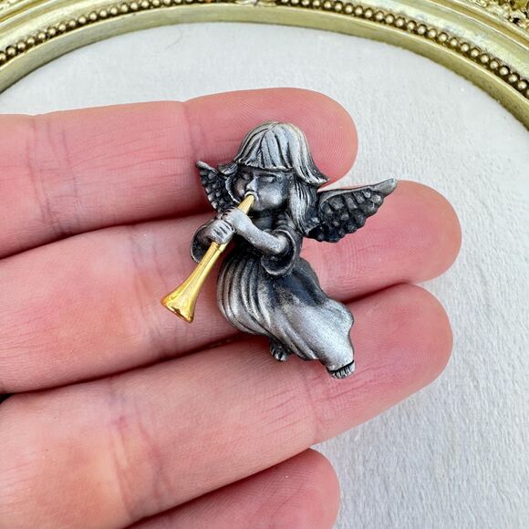 daria Jewelry - Vintage Daria Angel with Horn Pewter Brooch Pin